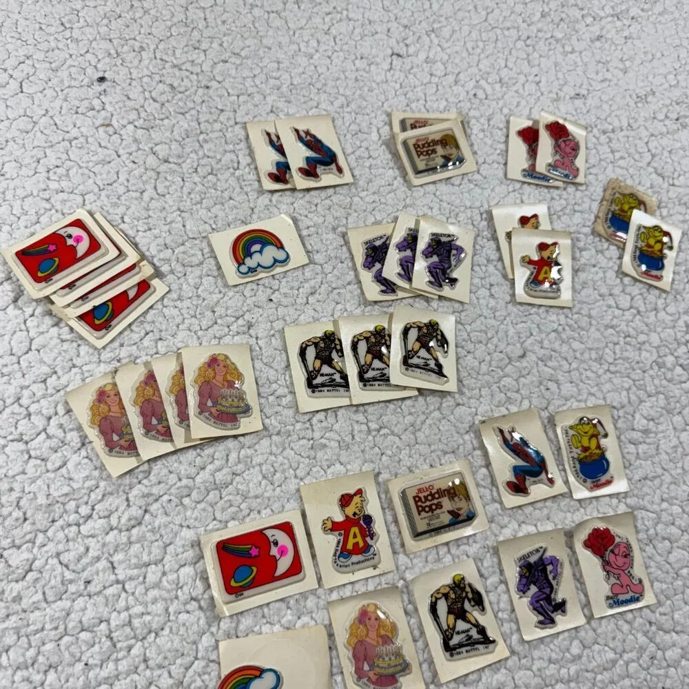 Vtg 35 Puffy Stickers 1984 He Man Skeletor Spiderman Barbie Chipmunks Jello Pops